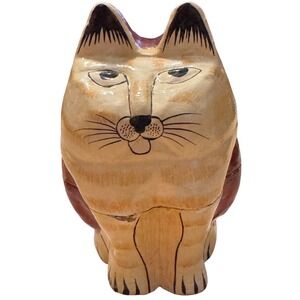 VTG Chubby Cat Paper Mache Trinket Box Primitive Hand Painted Folk Art India
